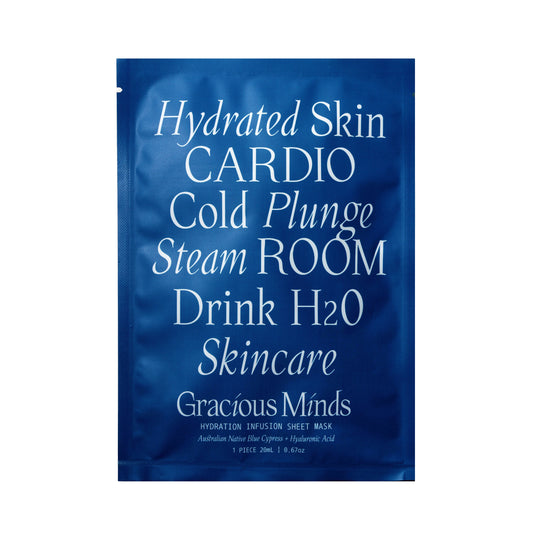 Hydration Infusion Mask by Gracious Minds, a serum-infused mask designed for intense hydration of dry and sensitive skin, featuring Australian native blue cypress and hyaluronic acid.