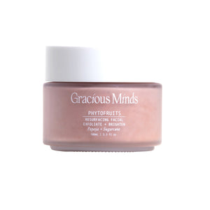 Gracious Minds Phytofruits resurfacing facial exfoliator in clear glass jar with white lid