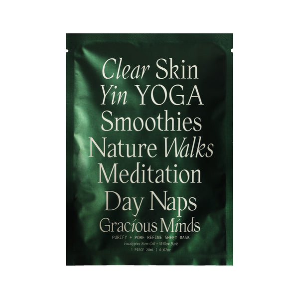 Gracious Minds Purify and Pore Refine Sheet Mask with Australian native eucalyptus stem cell extract, designed to refresh and balance skin.