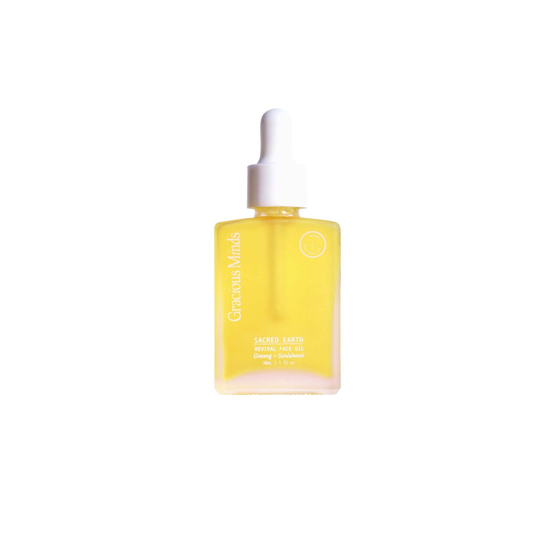 Gracious Minds Sacred Earth Sandalwood Revival Face Oil with turmeric root and ginseng, showcasing a lightweight formula designed for sensitive skin, enhancing hydration and promoting a balanced complexion.