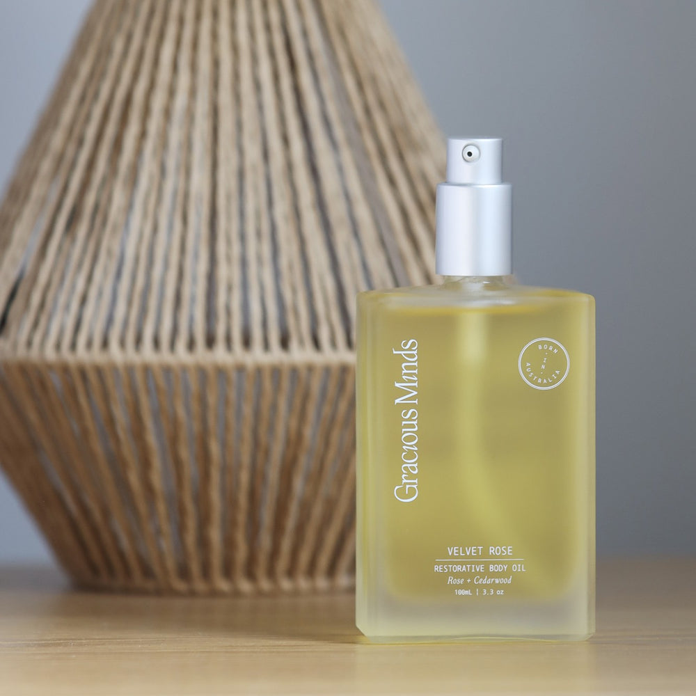 Velvet Rose Body Oil by Gracious Minds – 100ml bottle with Camellia Seed Oil, Cedarwood, and Rose Geranium for soft, nourished skin.