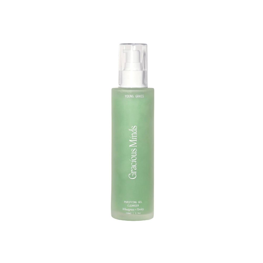 Gracious Minds Young Grass Purifying Gel Cleanser 150ml – gentle cream gel with wheatgrass, finger lime, and sea parsley for refreshed, balanced skin.
