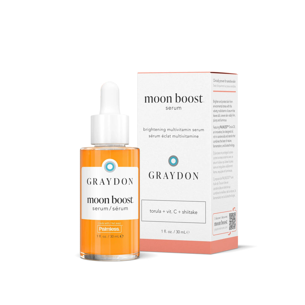 Graydon moon boost serum bottle and packaging on a white background