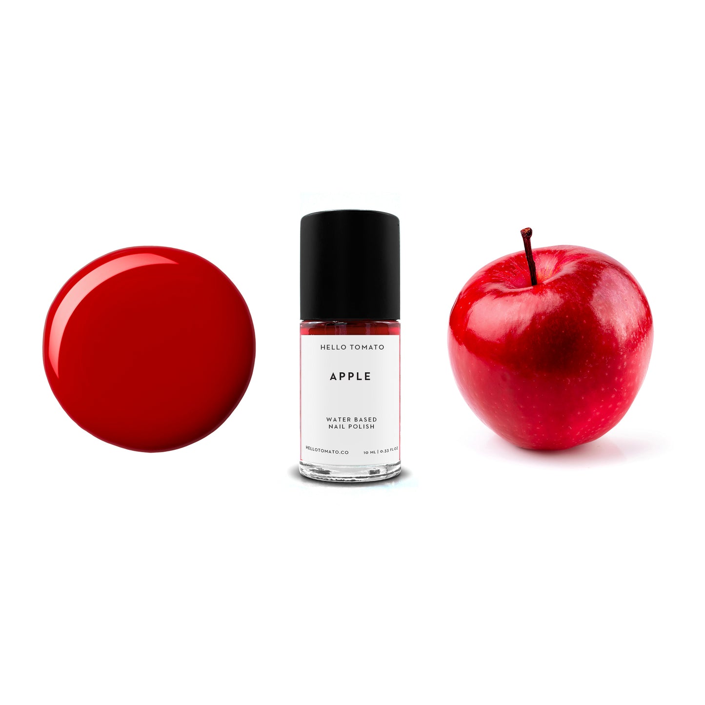 Bottle of HELLO TOMATO Apple nail polish in a true crisp red shade, vegan and water-based formula.