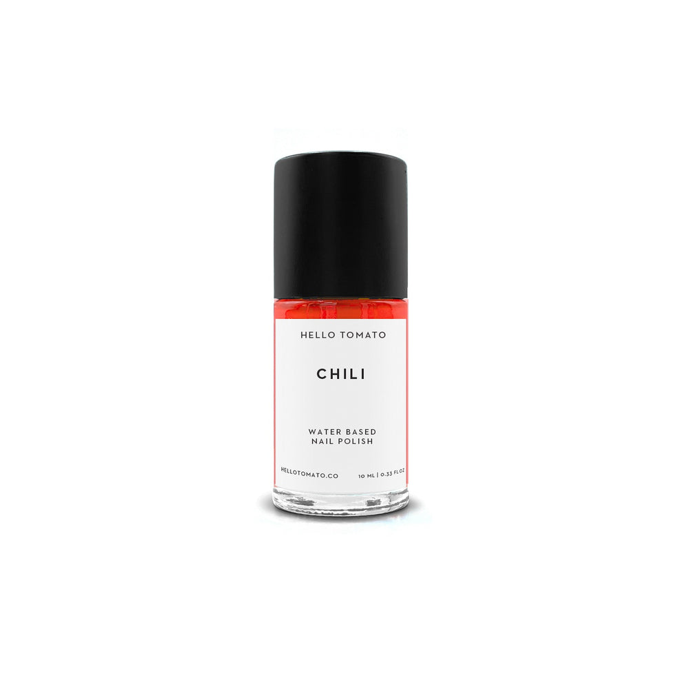 Hello Tomato Chili water-based nail polish bottle on a white background