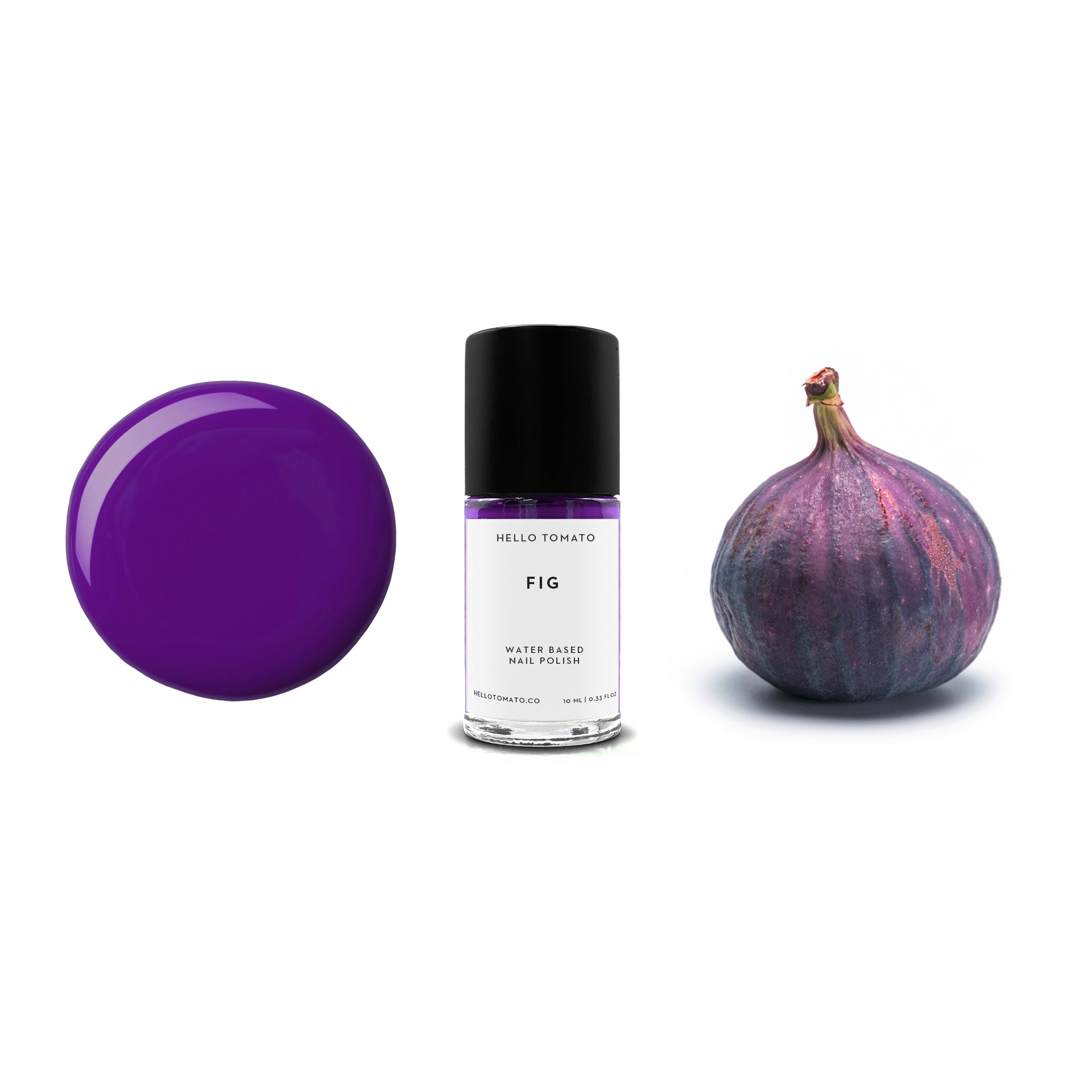 Bottle of HELLO TOMATO Fig nail polish in a deep, ripe purple shade, vegan and water-based.
