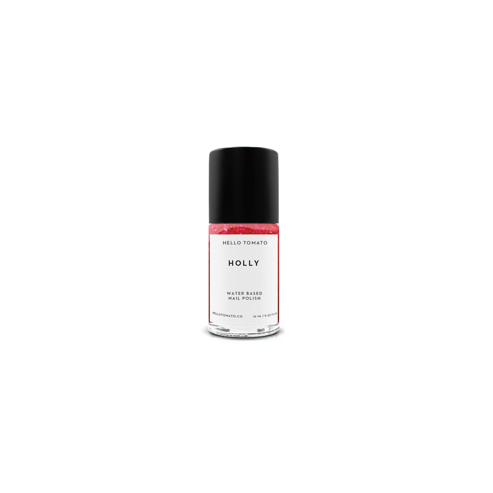 Bottle of HELLO TOMATO Holly nail polish in classic red with gold flecks, water-based, vegan, cruelty-free formula, 0.33 fl oz.