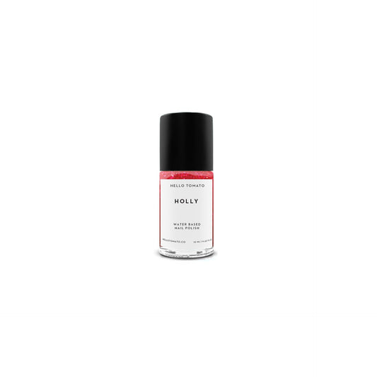 Bottle of HELLO TOMATO Holly nail polish in classic red with gold flecks, water-based, vegan, cruelty-free formula, 0.33 fl oz.