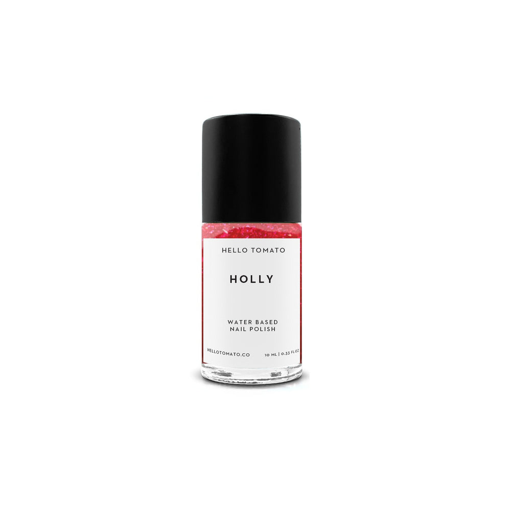Bottle of HELLO TOMATO Holly nail polish in classic red with gold flecks, water-based, vegan, cruelty-free formula, 0.33 fl oz.