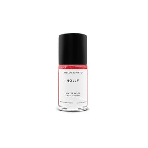 Bottle of HELLO TOMATO Holly nail polish in classic red with gold flecks, water-based, vegan, cruelty-free formula, 0.33 fl oz.