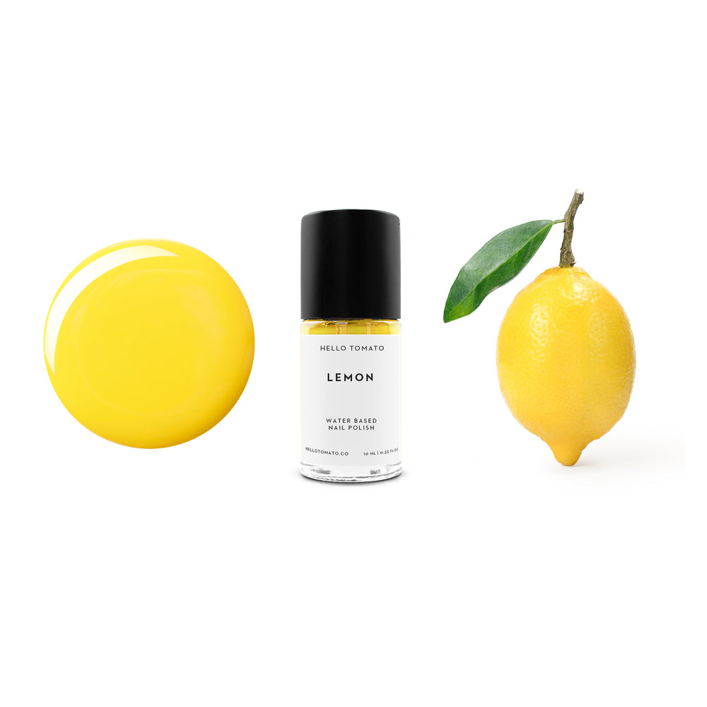 HELLO TOMATO Lemon is a yellow nail polish, on white background