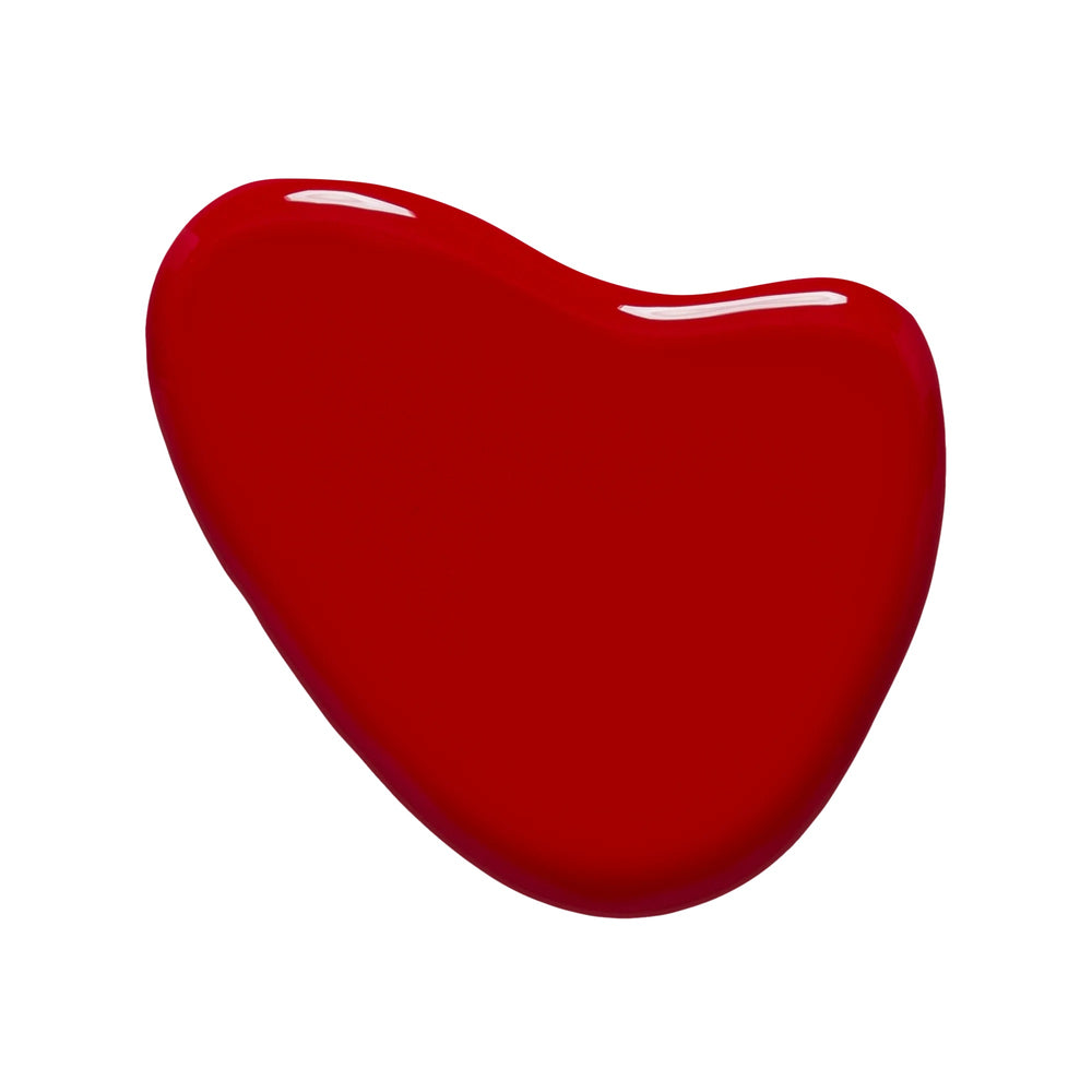 Huella Curtain Call nail lacquer in a bold crimson red shade, featuring a 15-free, vegan, and chip-resistant formula.