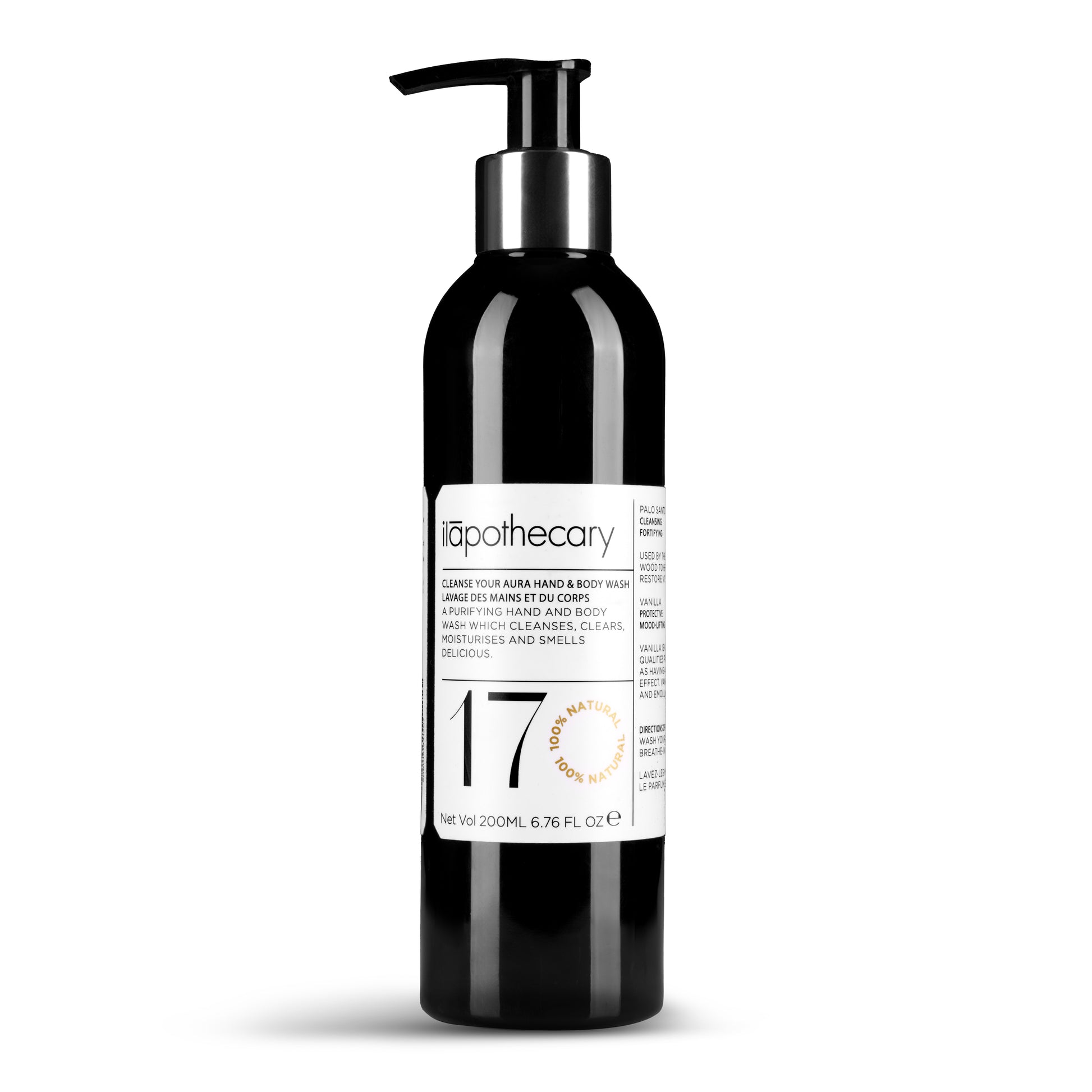 ILAPOTHECARY Cleanse Your Aura Hand & Body Wash with Palo Santo, Vanilla, and Petitgrain, hydrating and purifying skin.