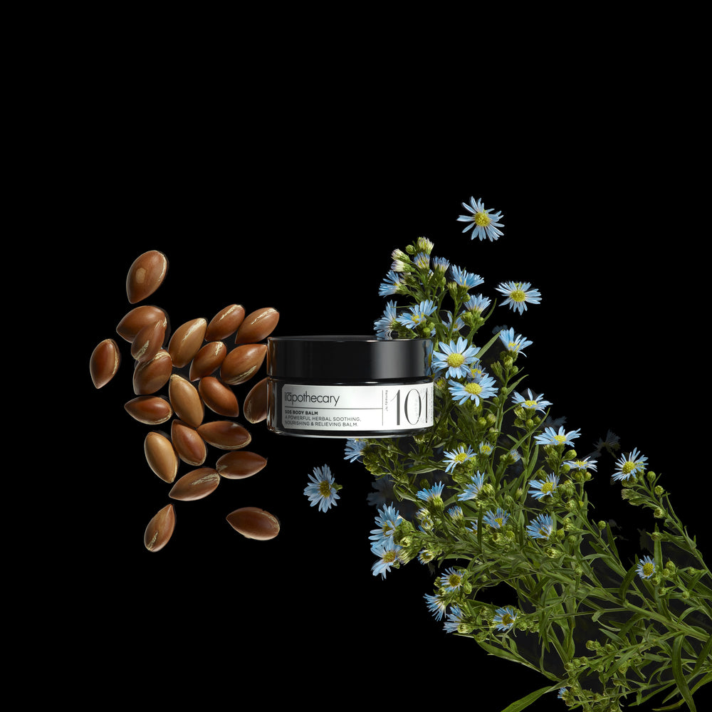 ILAPOTHECARY SOS Body Balm with arnica, blue chamomile, and sunflower oil, offering deep hydration and soothing care for dry skin.