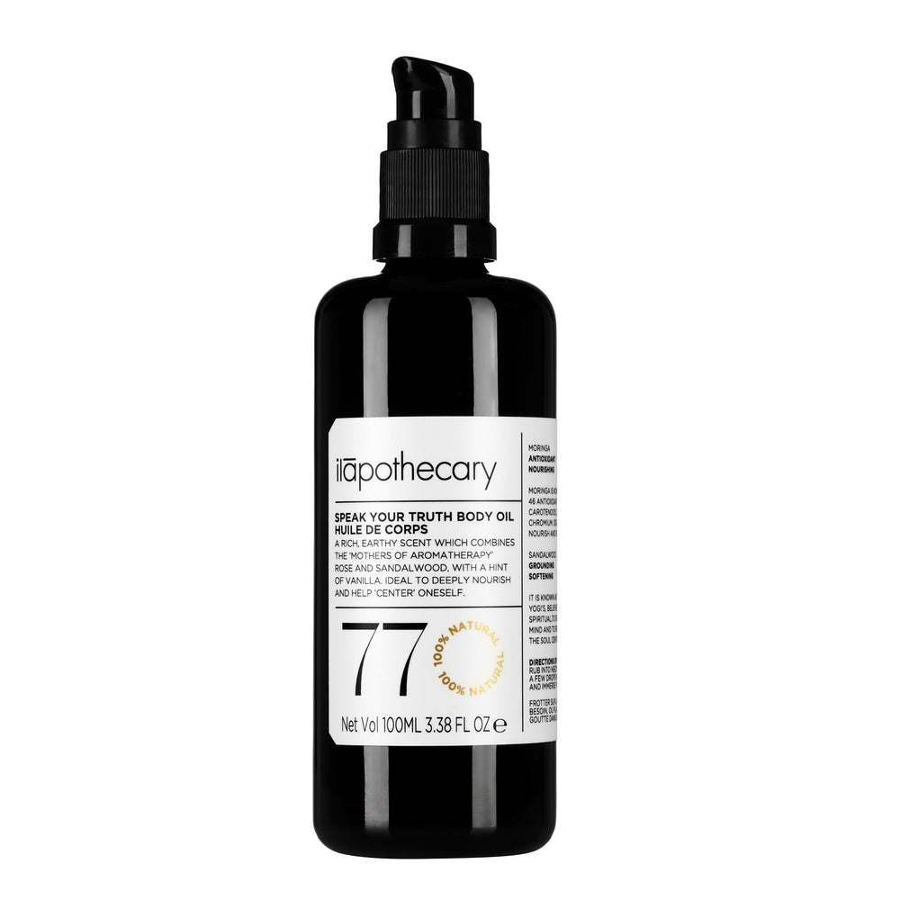 ILAPOTHECARY Speak Your Truth Body Oil with rose, sandalwood, and vanilla, providing nourishment and hydration for smooth, radiant skin.