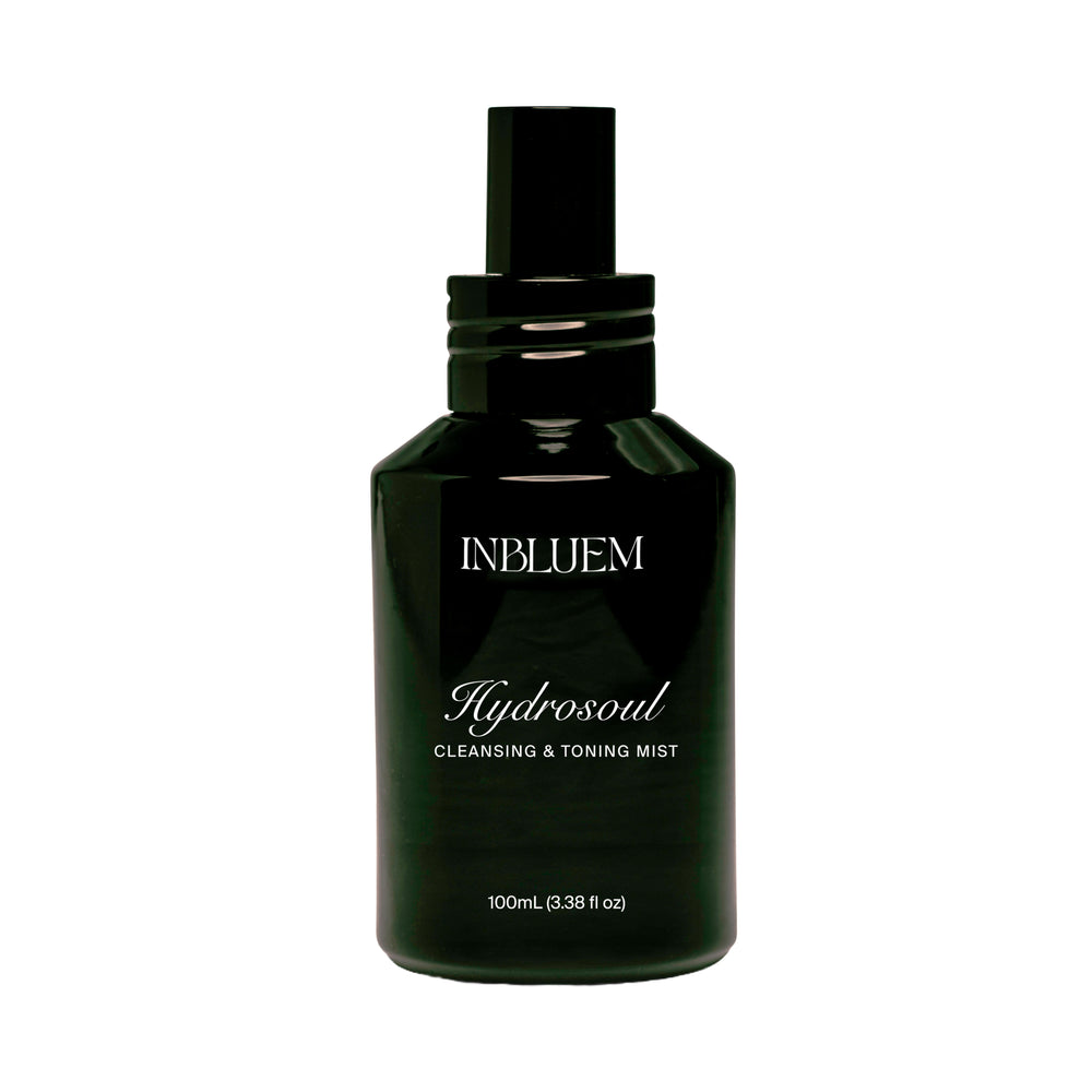 Dark green bottle of INBLUEM Hydrosoul Cleansing & Toning Mist on a white background