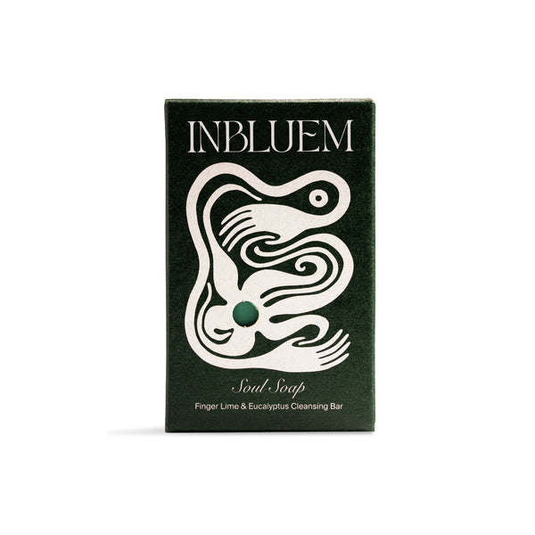 INBLUEM soap bar packaging in dark green color on white background. INBLUEM Soul Soap Finger Lime & Eucalyptus