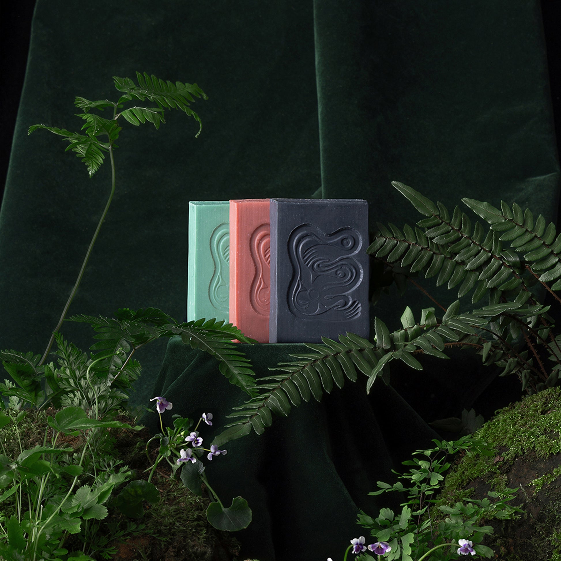 Three soap bars of different colors (green, red, blue) on a dark background with greenery.