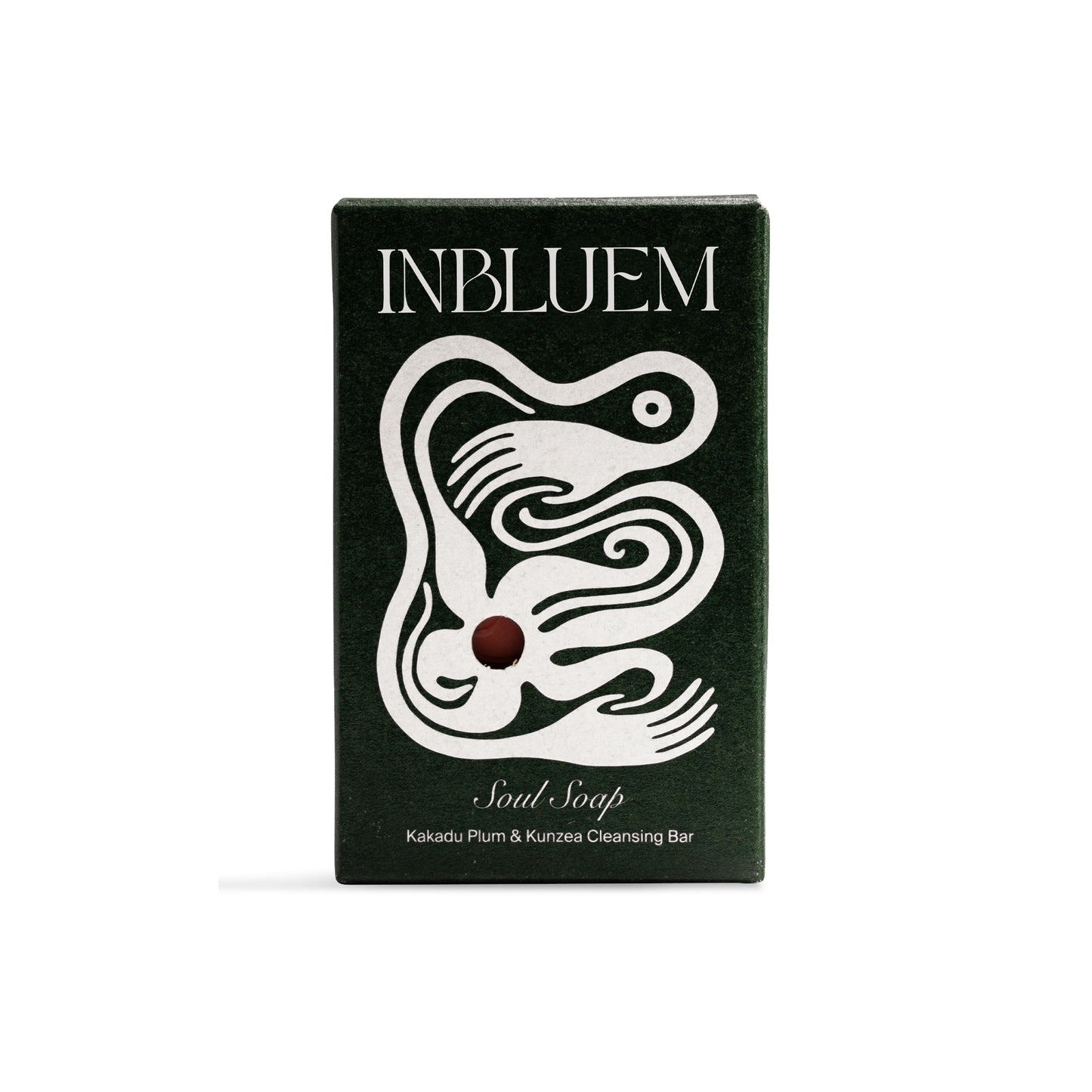 Inbluem soap bar packaging with dark green and white design.