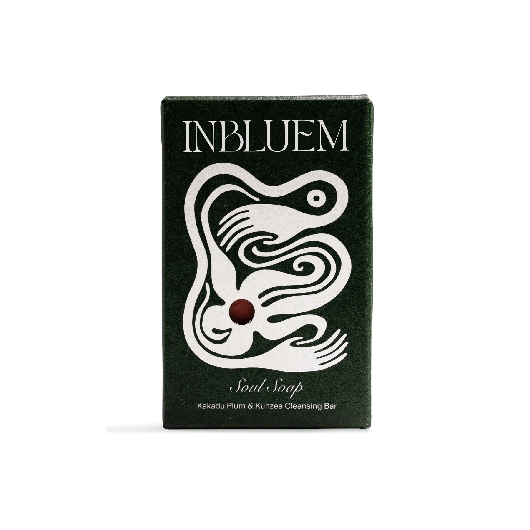 Inbluem soap bar packaging with dark green and white design.