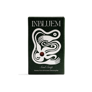 Inbluem soap bar packaging with dark green and white design.