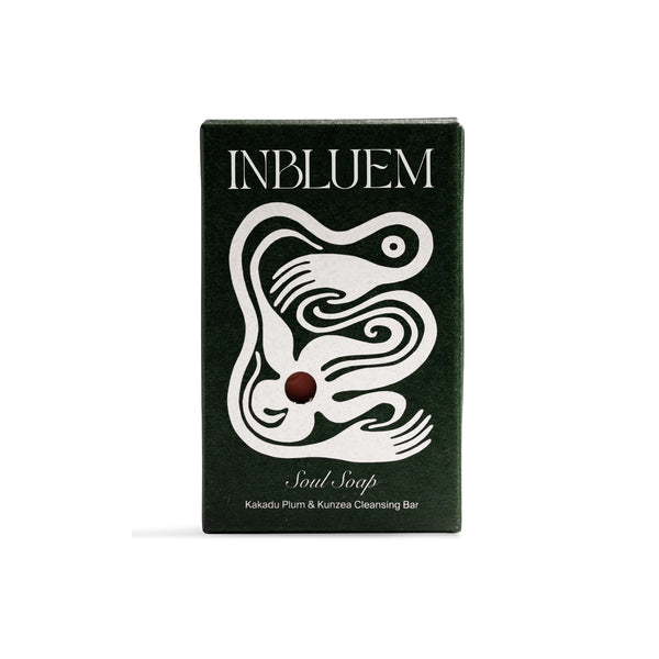 Inbluem soap bar packaging with dark green and white design.