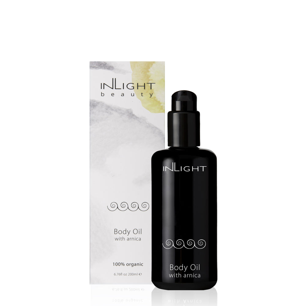 Inlight Beauty Body Oil with Arnica – A nourishing body oil with arnica, apricot kernel oil, and evening primrose oil to hydrate and rejuvenate the skin, leaving a silky, luminous finish. Perfect for post-exercise or sun exposure.