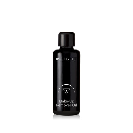 Bottle of Inlight Beauty Make-up Remover Oil, a silky, fragrance-free cleansing oil for makeup removal and conditioning skin and lashes.