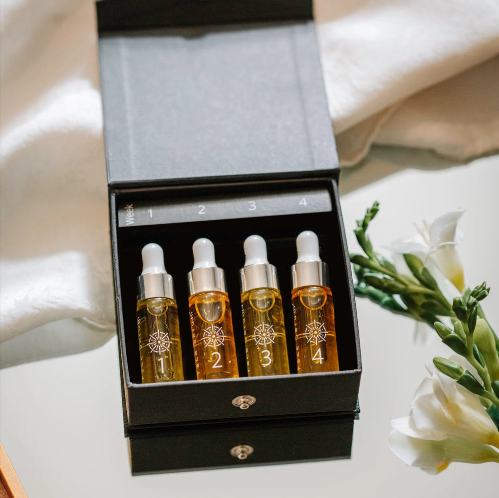 INLIGHT BEAUTY Supreme Face Serum set with gemstones and affirmations, designed as a 4-week ritual for radiant and nourished skin.