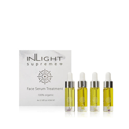 INLIGHT BEAUTY Supreme Face Serum set with gemstones and affirmations, designed as a 4-week ritual for radiant and nourished skin.