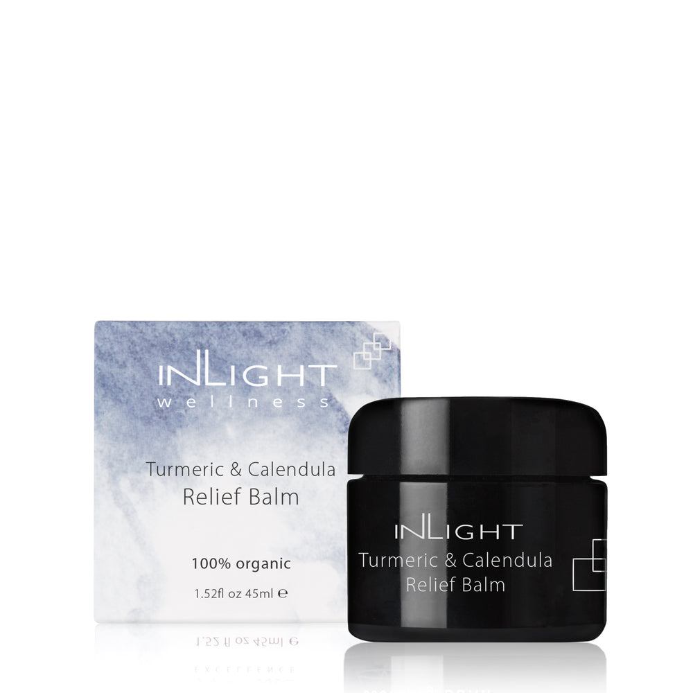Inlight Beauty Turmeric & Calendula Relief Balm for dry, sensitive, and irritated skin. Organic balm with soothing botanicals like Calendula, Turmeric, and Black Cumin oils. Suitable for all skin ages, including babies.