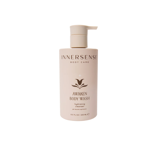 Innersense Organic Beauty Awaken Body Wash, a calming gel body wash with organic avocado oil and chufa milk, promoting hydration and balance for healthier skin.