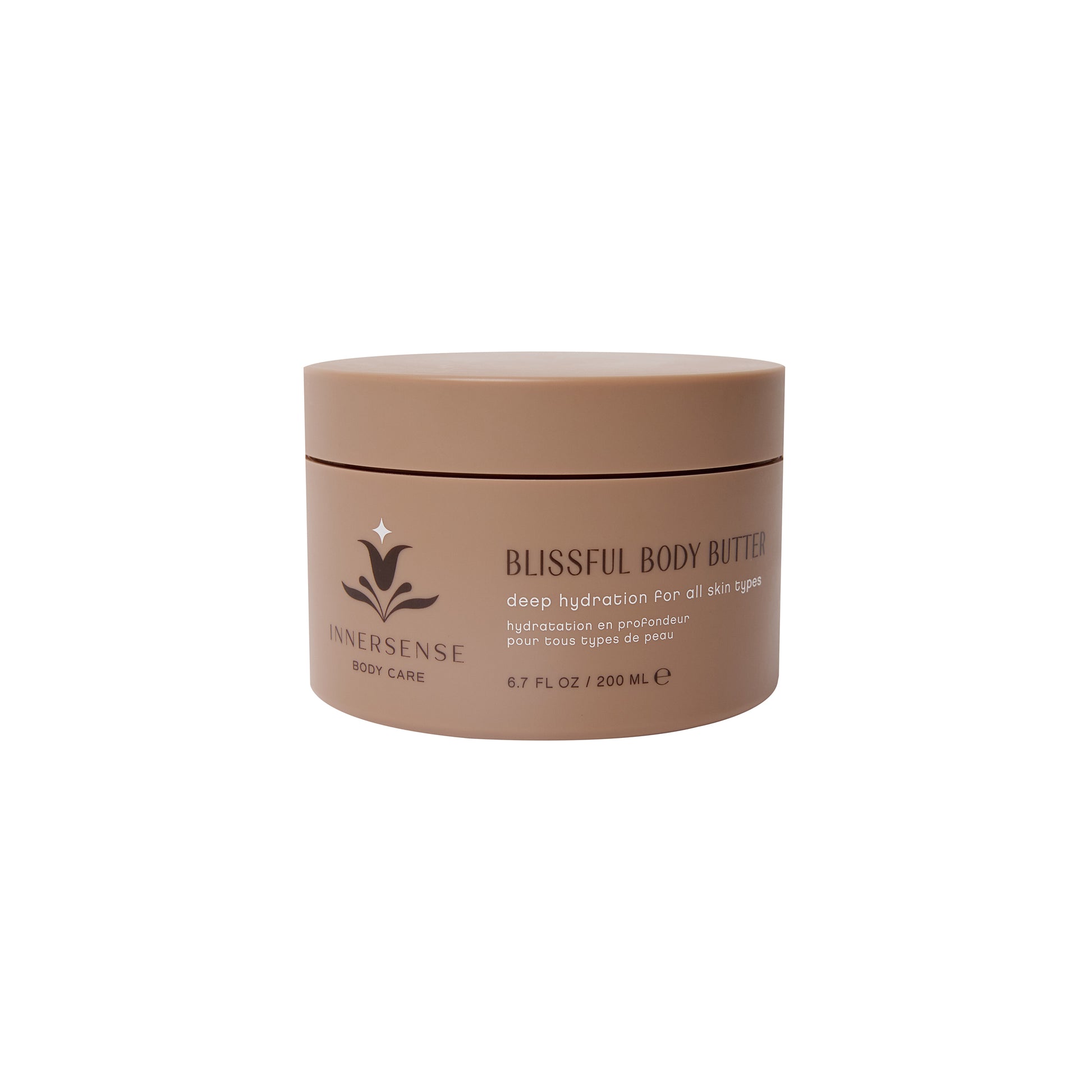 Blissful Body Butter by INNERSENSE Organic Beauty, showcasing a luxurious cream texture with Mango Seed Butter and Vitarevive Trio for deep hydration and a radiant glow.