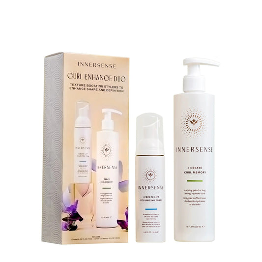 Innersense Organic Beauty Curl Enhance Duo with I Create Curl Memory and I Create Lift bottles displayed together on a white background