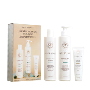 Innersense Organic Beauty Essential Hydration Ceremony set featuring Hydrating Cream Hairbath, Conditioner, and Hair Mask arranged together on a white background.