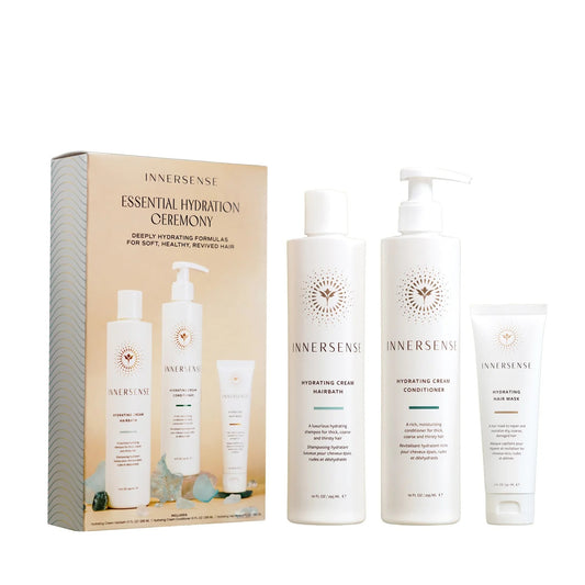 Innersense Organic Beauty Essential Hydration Ceremony set featuring Hydrating Cream Hairbath, Conditioner, and Hair Mask arranged together on a white background.