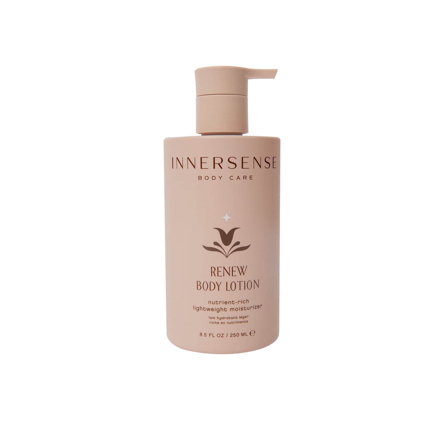 Innersense Organic Beauty Renew Body Lotion in a 250 ml bottle, featuring a lightweight formula enriched with Kokum Butter, Pea Peptides, and vitamins for hydration and nourishment.