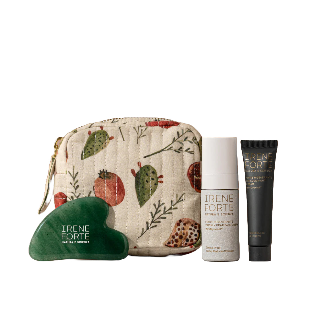 Irene Forte Skincare Age-Defying Day & Night Travel Kit with Prickly Pear Face Cream, Hibiscus Night Cream, jade gua sha, and festive Idda Studio wash bag.