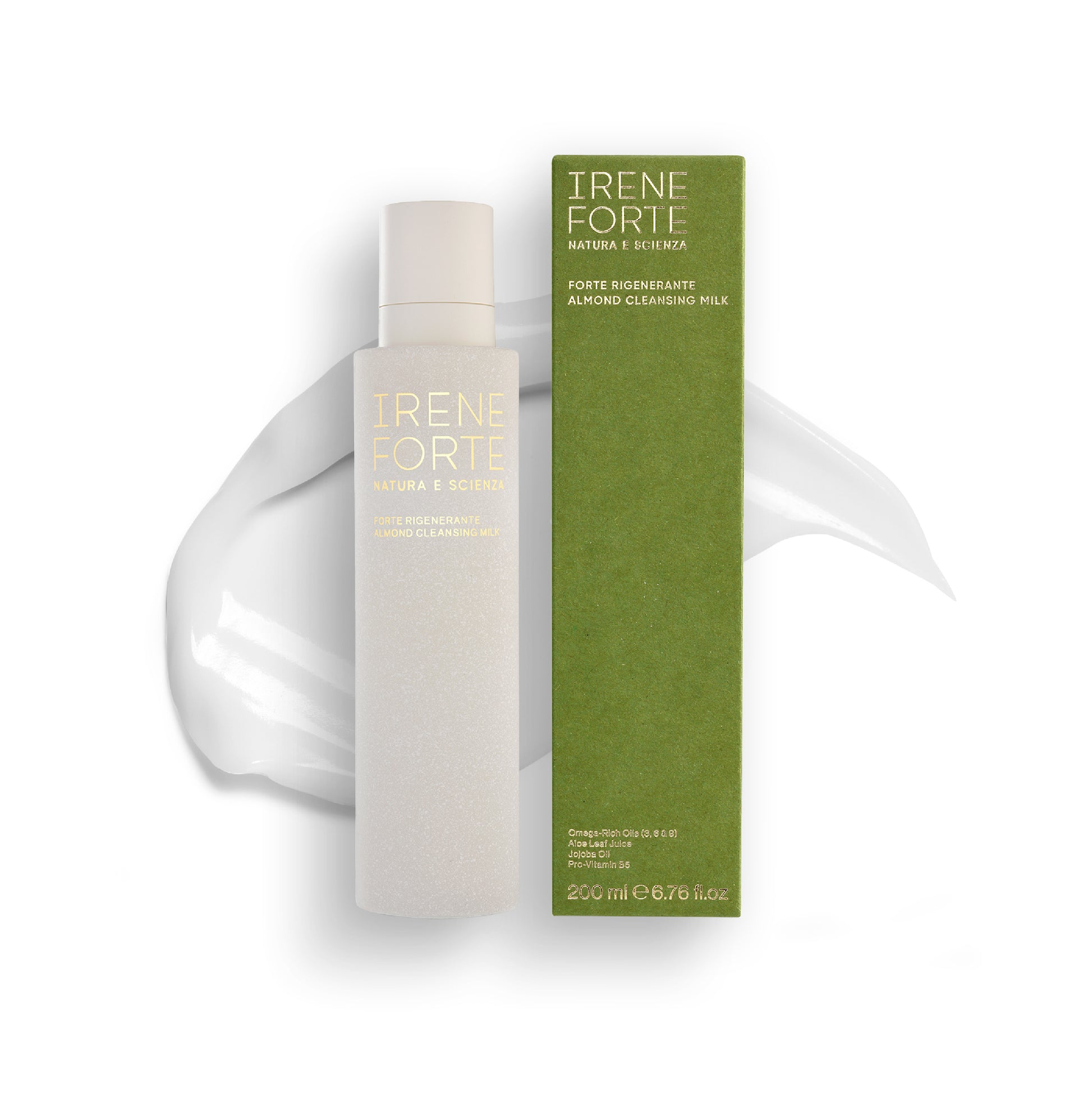 Irene Forte almond cleansing milk packaging on a white background