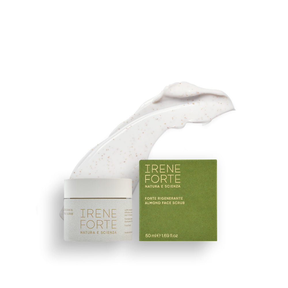 Irene Forte Almond Face Scrub with packaging on a white background.