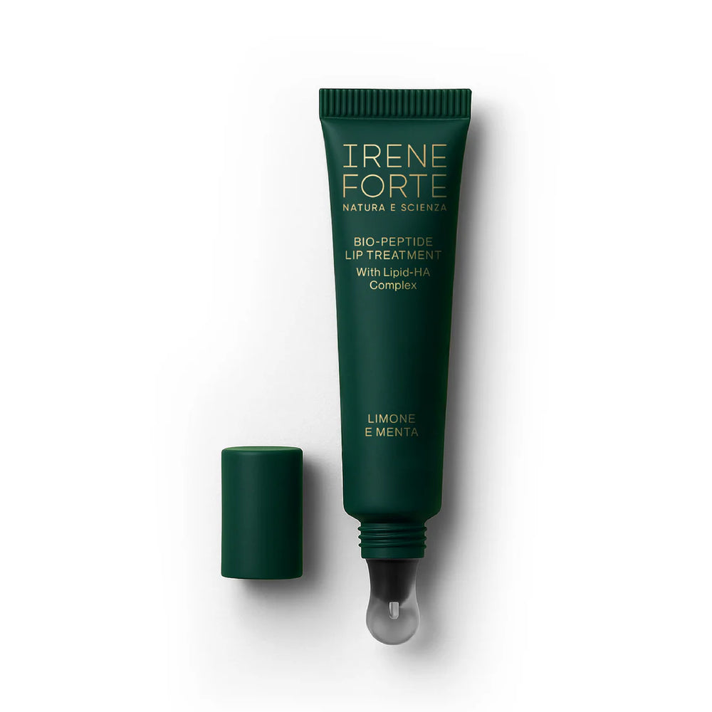 Irene Forte Skincare Bio-Peptide Lip Balm with Lipid-HA Complex in dark green tube