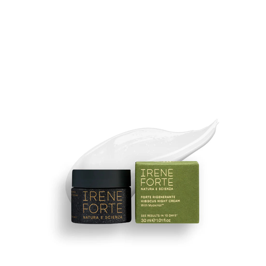 Irene Forte Skincare Hibiscus Night Cream travel-size jar in black color and next is the green box. With white background