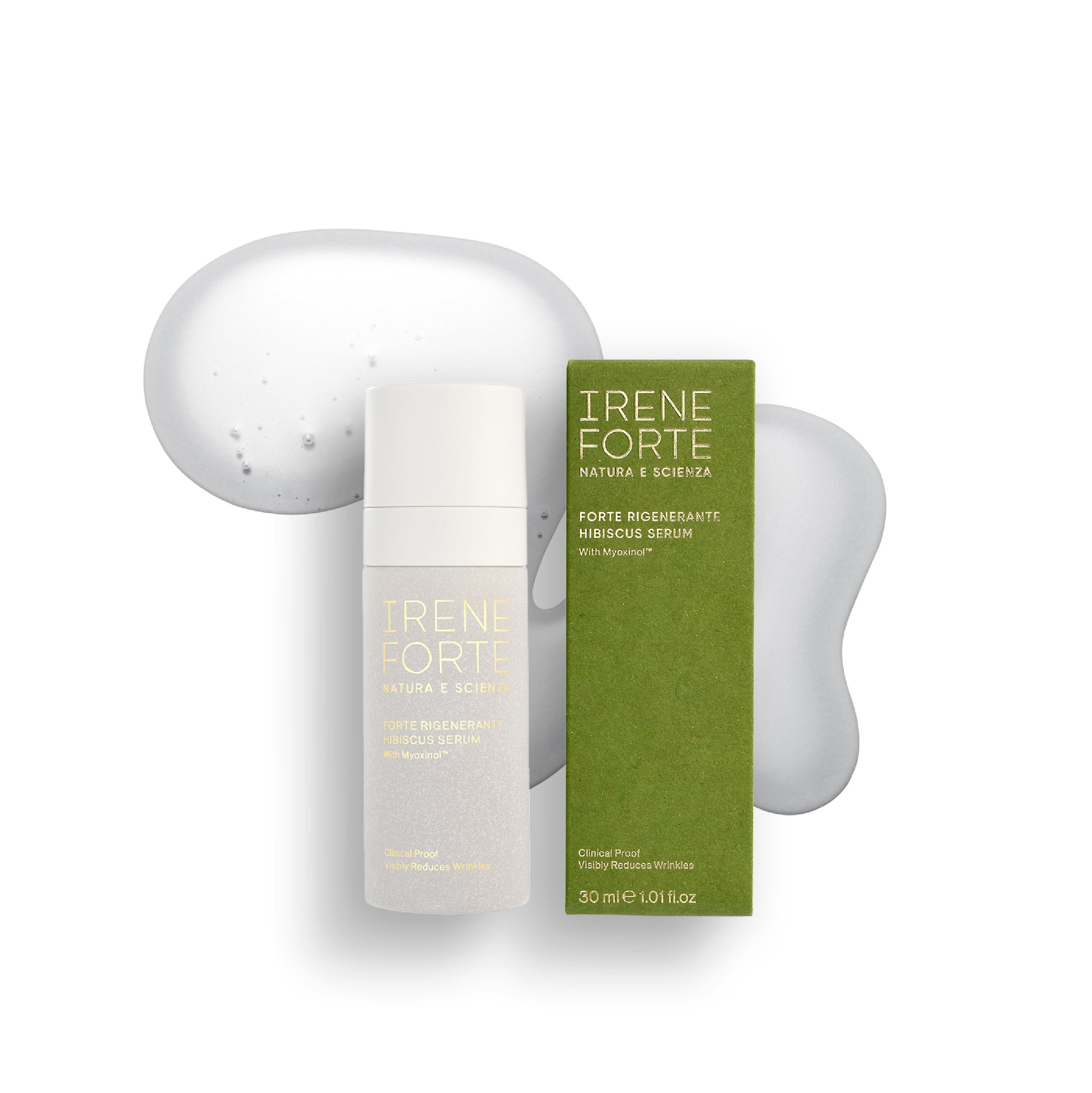 Irene Forte Skincare Hibiscus Serum bottle with Myoxinol™, designed to smooth, hydrate, and support skin’s natural moisture barrier.