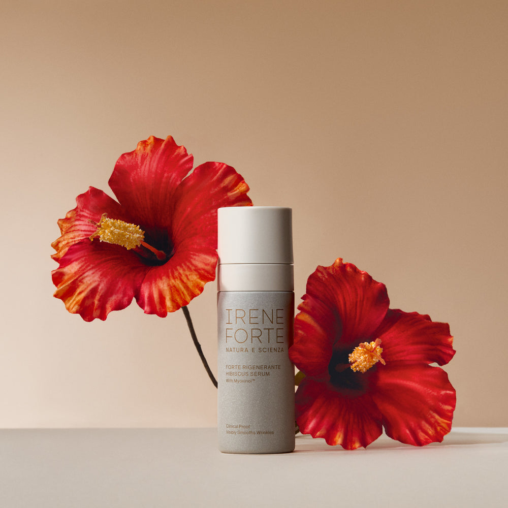 Irene Forte Skincare Hibiscus Serum bottle with Myoxinol™, designed to smooth, hydrate, and support skin’s natural moisture barrier.