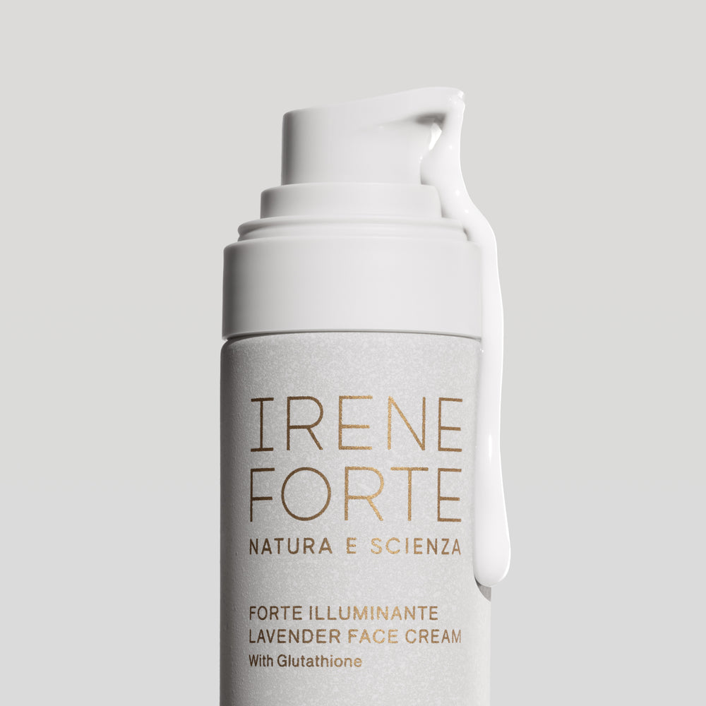 Irene Forte Skincare Lavender Face Cream with Glutathione – lightweight moisturizer with botanical waters and antioxidants for a brighter, hydrated complexion.