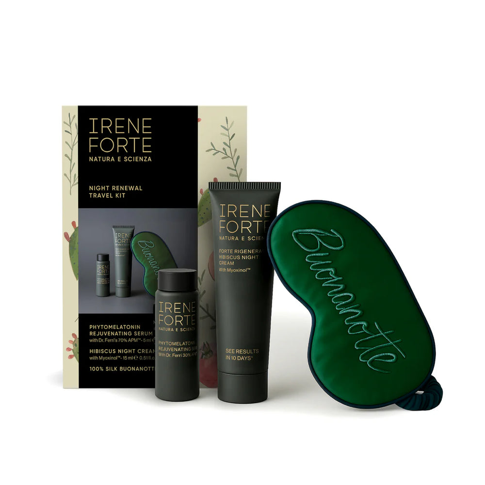 Irene Forte Skincare Night Renewal Travel Kit including Phytomelatonin Rejuvenating Serum, Hibiscus Night Cream, gift box with Idda Studio print, and silk eye mask.