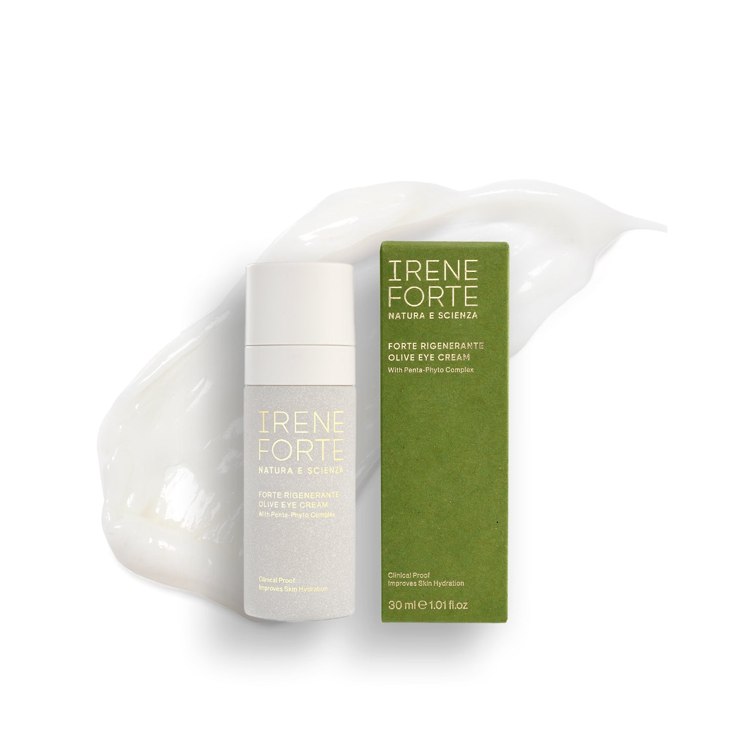 Irene Forte olive eye cream with packaging on a white background. IRENE FORTE SKINCARE Olive Eye Cream – a fast-absorbing eye cream with Penta-Phyto Complex in a sleek 30ml bottle, suitable for sensitive eyes.