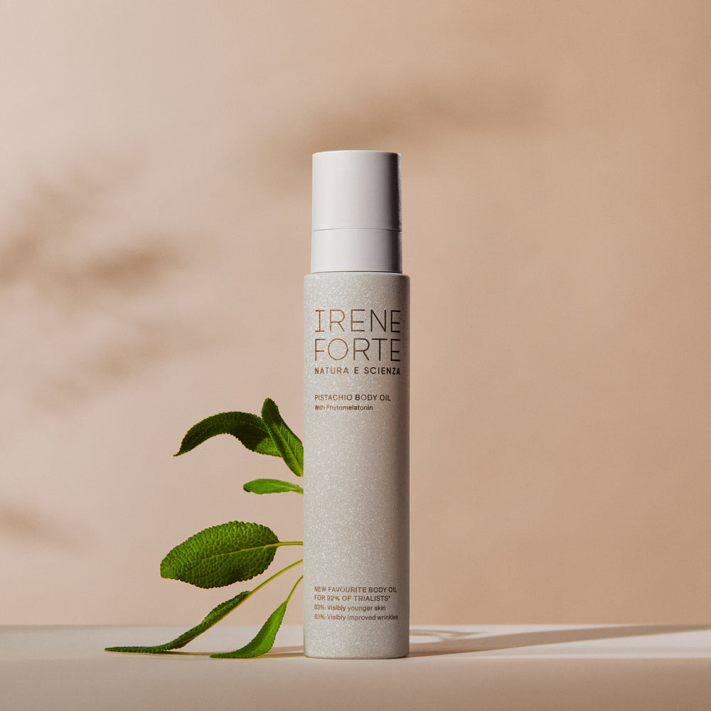 IRENE FORTE SKINCARE Pistachio Body Oil – nourishing anti-aging body oil in a 100ml bottle with Phytomelatonin and Sicilian Pistachio Oil.