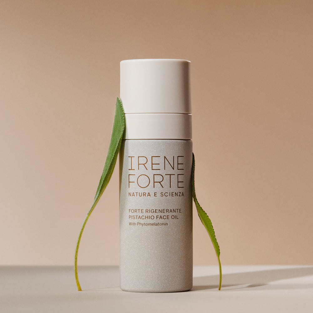 Bottle of Irene Forte Skincare Pistachio Face Oil with Phytomelatonin, shown with sleek packaging, ideal for hydration and skin smoothing.