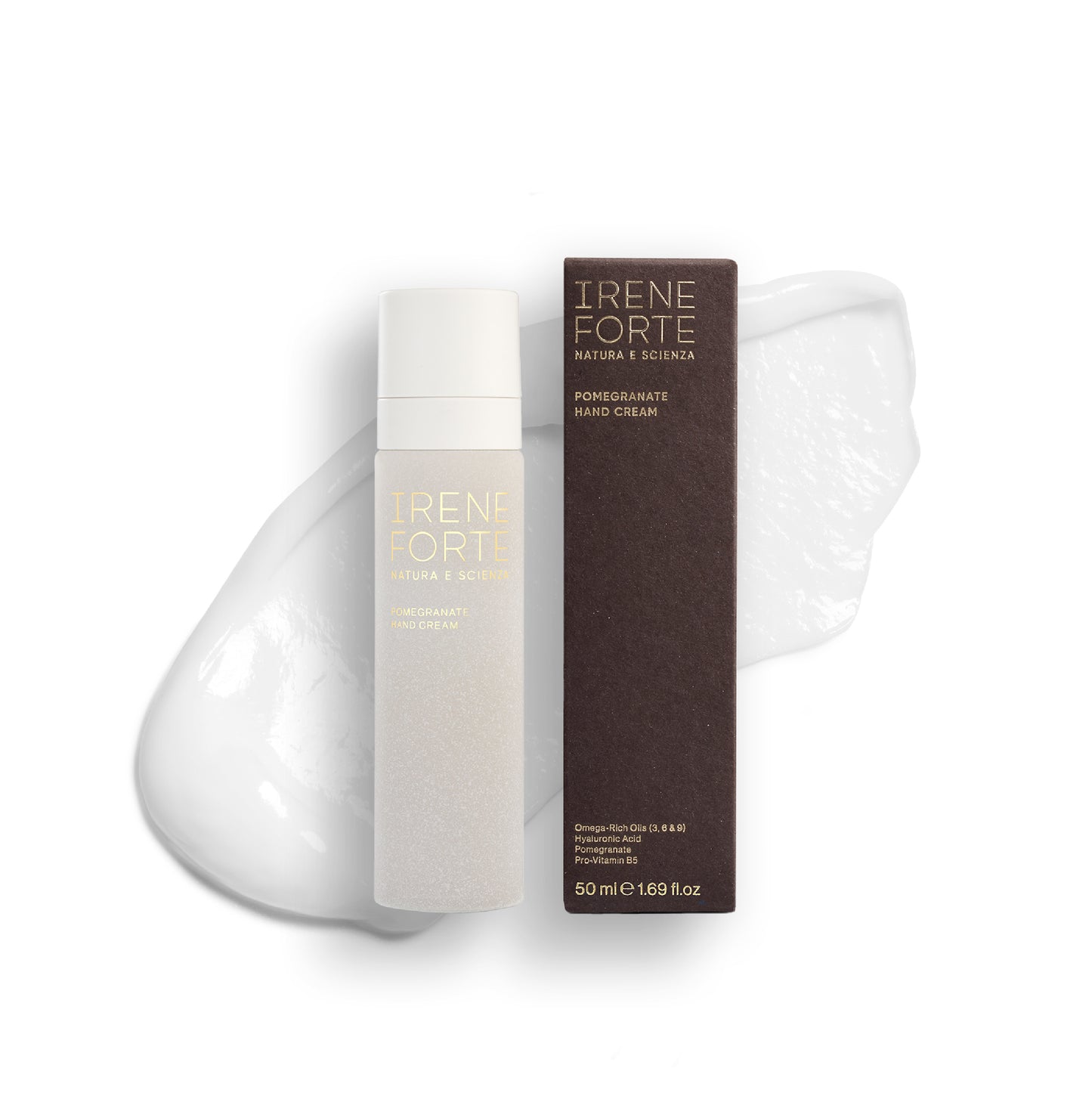 Irene Forte hand cream with packaging on a white background. IRENE FORTE SKINCARE Pomegranate Hand Cream